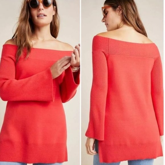Anthropologie Sweaters - Anthropologie Red Off the Shoulder Tunic Sweater Bell Sleeve Sz Small